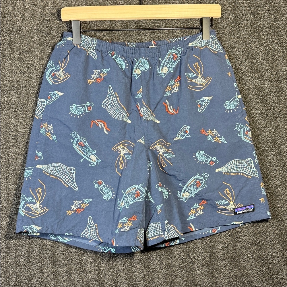 Patagonia Net Plus Blue Patterned Board Shorts, Men’s Small